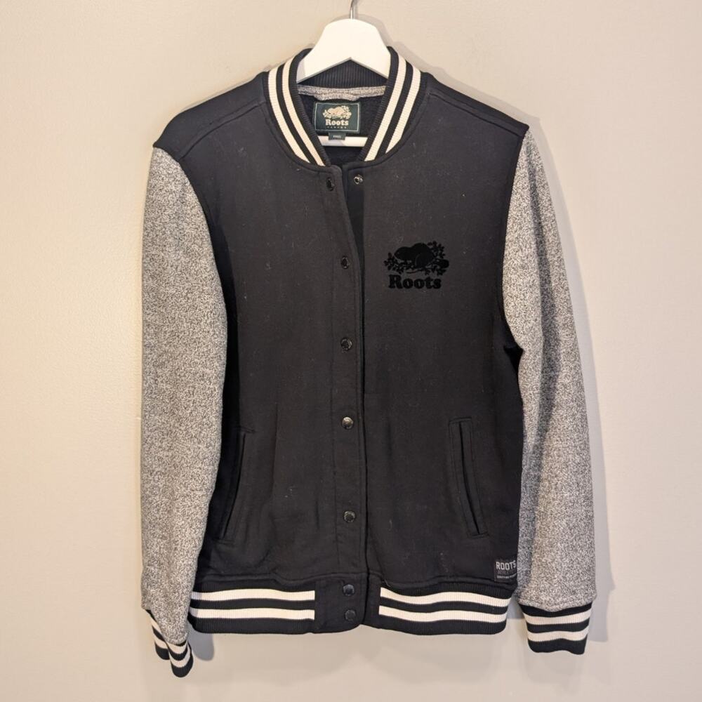 Roots Fleece Letterman Jacket Bomber Varsity Gray Black Classic Retro - Size S